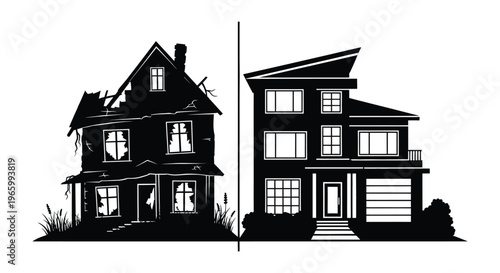 Two contrasting houses one dilapidated and the other modern are depicted in a striking black silhouette high quality professional detailed modern