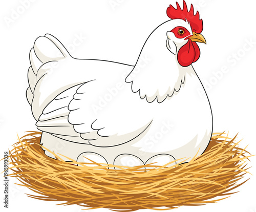 Hen Sitting on Eggs in Nest Farm Poultry Animal Agriculture Vector Illustration