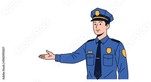 Police officer in blue uniform gesturing with an open hand to guide or direct people towards a certain way for public safety awareness.