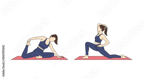 Young women practicing different yoga stretching poses on mats for physical health and flexibility in a group fitness class setting.