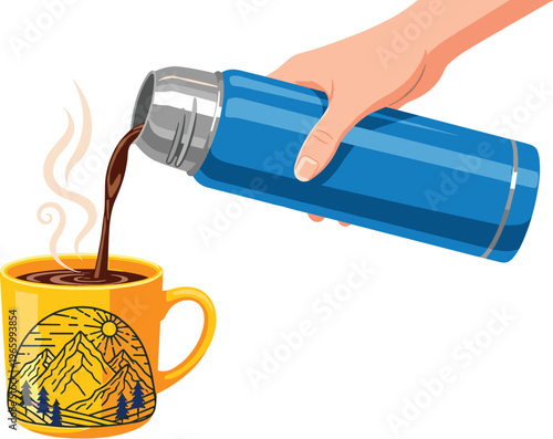 Obraz na płótnie Pouring Coffee from Thermos into Mug Hot Beverage Travel Camping Lifestyle Vecto