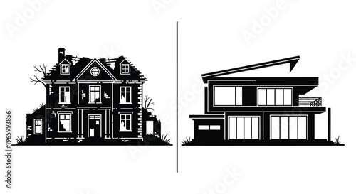 A striking comparison of two architectural styles a dilapidated manor and a modern home presented as a silhouette high quality professional