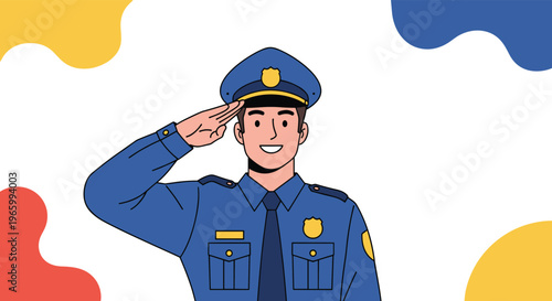 Friendly police officer in blue uniform saluting with a smile for respect and public service concept against a colorful background.