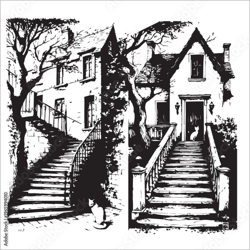 A classic, vintage-style black and white vector illustration depicting a historic townhouse or apartment building in a charming, nostalgic city setting. The composition features two main 