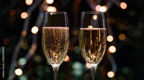champagne. Two champagne glasses with golden bubbles, capturing a festive and elegant celebration moment. bar promotions, beverage menus, designed for product packaging and bar promotions.
