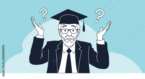 Confused senior professor or graduate in academic cap shrugging with question marks above his head for lack of knowledge or ignorance.