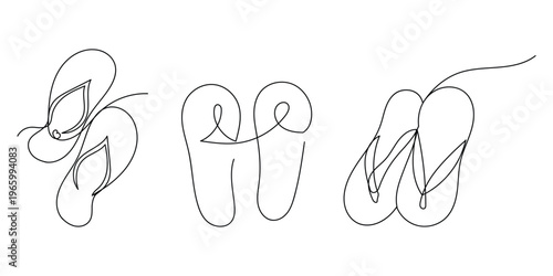 Minimal flip flops line art set, continuous one line drawing summer sandals, simple abstract footwear illustration isolated on white background
