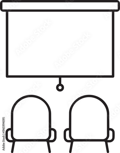 Outline vector icon of a blank projector screen above chairs representing a seminar conference or presentation room concept