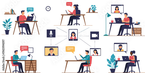 Remote Teamwork Video Conference Collaboration Online Meeting Work From Home Vector Illustration