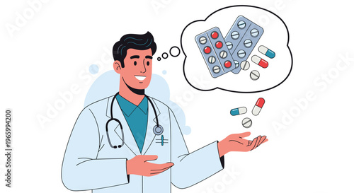 Medical doctor in white lab coat explaining medication treatment with pills and capsules in a thought bubble for patient education.