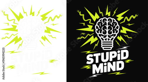 Stupid Mind Creative Brain Lightbulb Illustration with Lightning Bolts, Flat Vector Graphic Design