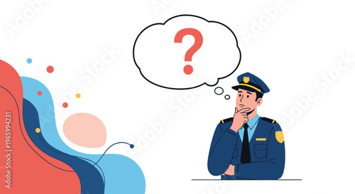 Police officer in uniform thinking with a question mark in thought bubble against abstract colorful background for investigation use.