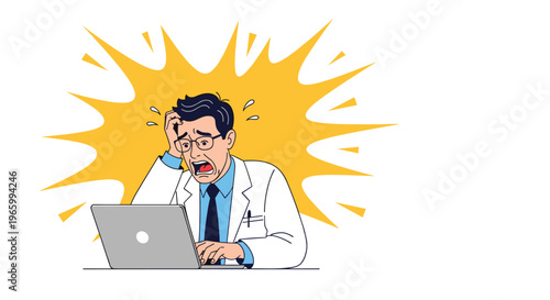 Shocked or panicked male doctor in white coat looking at laptop screen with a stressed expression after seeing incorrect medical data.
