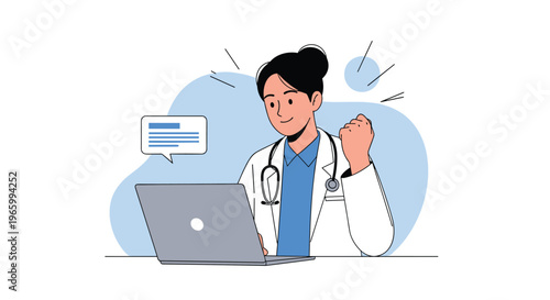 Female doctor in white coat celebrating success or good news while working on laptop in medical office with a fist pump gesture of joy.