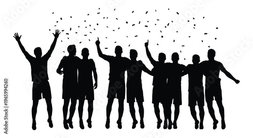 A group of men celebrates with arms raised amidst falling confetti depicted as a striking black silhouette high quality professional detailed