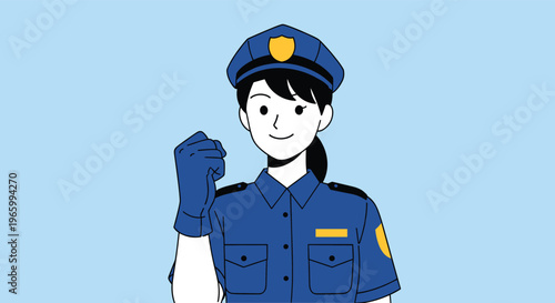 Female police officer in blue uniform showing determination or celebrating success with a fist pump gesture for safety and law concept.