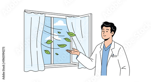 Male doctor in white lab coat gesturing towards an open window to emphasize the importance of ventilation for hygiene and recovery.