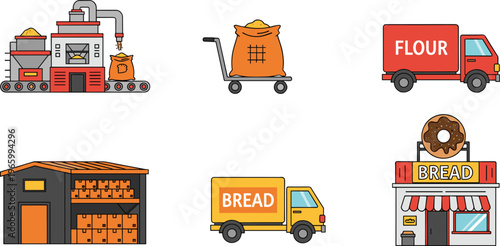 Bakery production and delivery illustration set with flour factory, warehouse, trucks and bread shop isolated vector supply chain concept