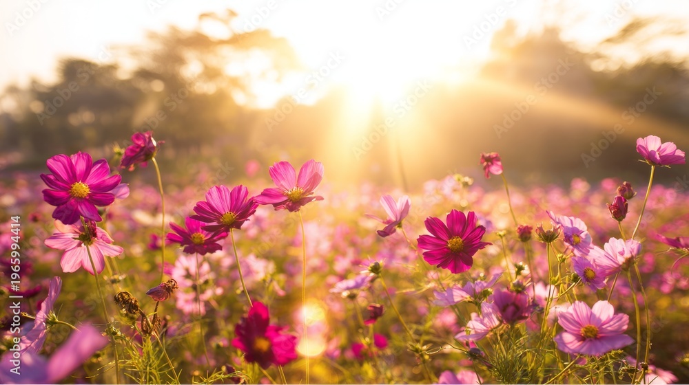 Obraz premium stem. A vibrant cosmos flower in close-up with a softly blurred field behind it. gardening catalogs, home-decor guides, designed for gardening and botanical catalogs, celebrates nature. 
