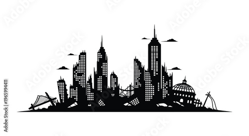 A stark black cityscape with iconic buildings and a bridge presented as a dramatic silhouette high quality professional detailed modern elegant