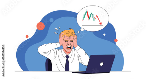 Stressed man at laptop looking at a falling stock market graph in his thoughts with a panicked expression after a financial loss or crash.