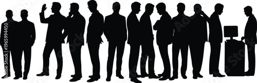 Business silhouette illustration, professionals standing in suits, corporate meeting scene, podium presentation concept, networking event environment, minimalist black silhouette art