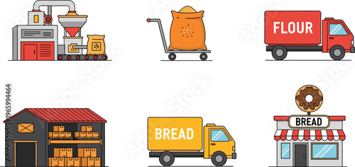 Bakery supply chain illustration with flour processing factory, warehouse storage, delivery trucks and bread shop isolated vector logistics system