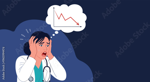 Panicked female doctor in white coat looking at a negative trend graph in her thoughts with a stressed face during a medical crisis.