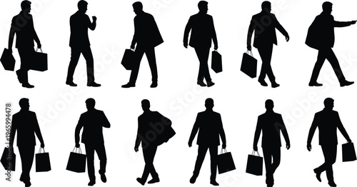 Business silhouettes, professional shoppers, people with bags, walking poses, standing figures, retail commerce, shopping lifestyle, urban consumer, fashion buyers, market activity