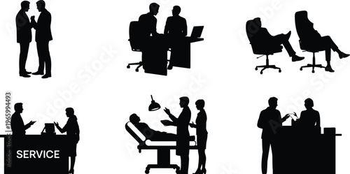 Business silhouettes, teamwork collaboration, office meeting, customer service desk, medical consultation, workplace communication, professional interaction, corporate teamwork, healthcare support