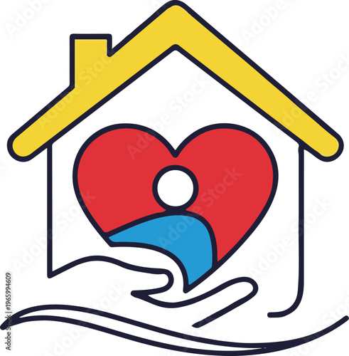 A hand holds a house with a heart inside the home symbolizing care