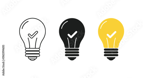 Flat lay of three lightbulb icons in white, black, and yellow with checkmarks on a plain white background.