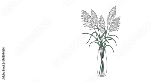 Elegant illustration of fluffy pampas grass stems arranged in a simple transparent glass vase against a white background.