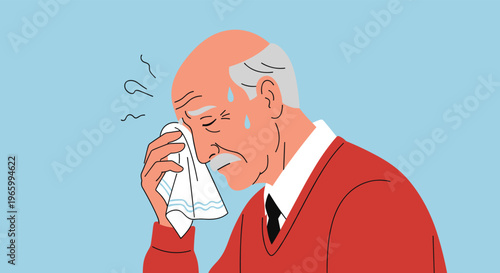Elderly man in a red sweater looks exhausted while wiping sweat from his forehead with a white handkerchief or cloth.