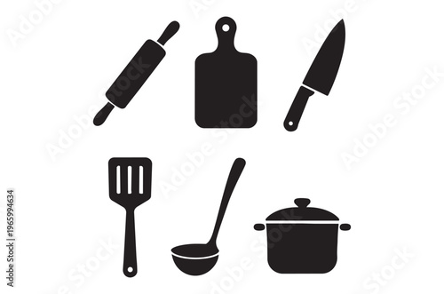 Black silhouettes of common kitchen tools including a rolling pin and pot