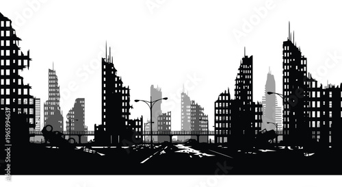 A stark black cityscape depicts ruined buildings and a desolate road creating a post apocalyptic scene silhouette high quality professional detailed modern