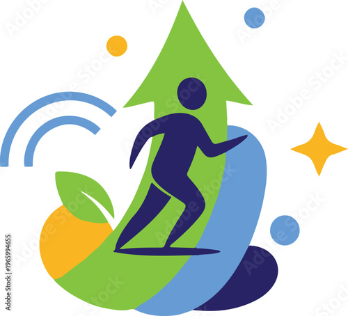 Person surfing on wave with arrow and fruit in vibrant scene