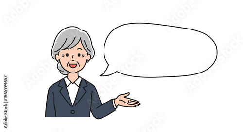 Smiling senior businesswoman in a dark suit gestures toward an empty speech bubble for custom messaging or announcements.