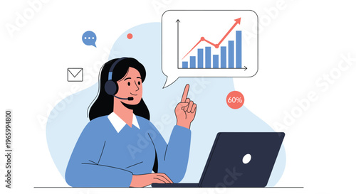 Female call center representative wearing a headset points to a rising business growth bar chart on a virtual screen.