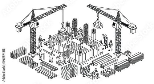 An isometric illustration depicts a busy construction site with cranes workers and building materials showcasing a distinct silhouette high quality professional