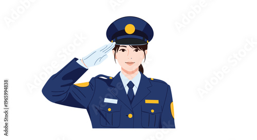 Dedicated female police officer in a blue uniform and cap performs a formal salute against a clean white background.