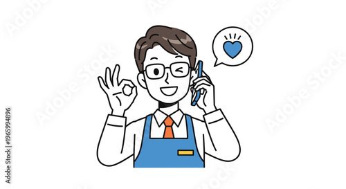 Friendly shop staff wearing an apron makes an OK hand gesture while talking on a smartphone with a heart symbol.