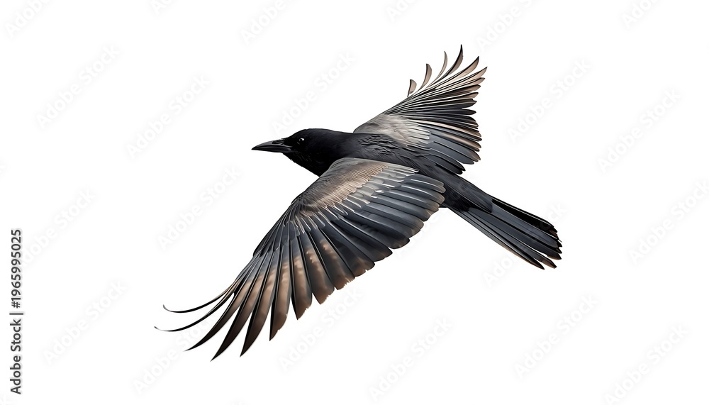 Fototapeta premium A powerful black crow with outstretched wings soaring dynamically across a clear white background.