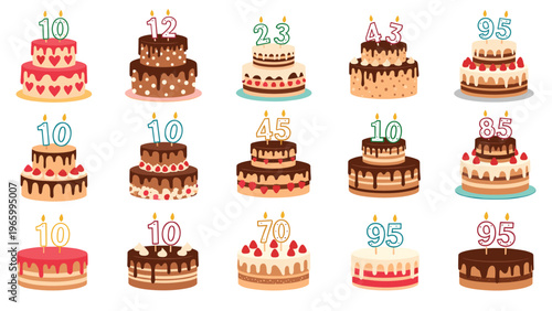 Extensive collection of multi-tiered birthday cakes, each with unique decorations and number candles indicating various ages, perfect for any celebration.