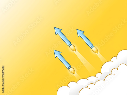 Three stylized rockets launching from clouds on a yellow background