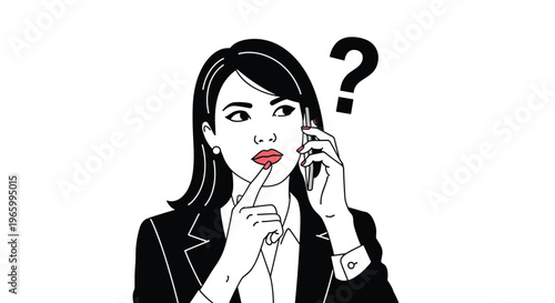 Professional woman in a suit looks thoughtful while talking on her phone with a question mark above her head.