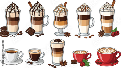 Collection of coffee cups latte espresso cappuccino vector illustration with beans and desserts isolated beverage icons for cafe menu design