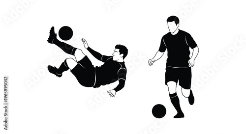 Two male figures depicted in dynamic poses with a soccer ball showcasing athletic movement in a striking silhouette high quality professional