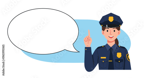Smiling female police officer points her finger up with a large blank speech bubble for instructions or warnings.