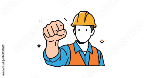 Construction worker in a hard hat and safety vest raises a fist in a gesture of determination and labor power.